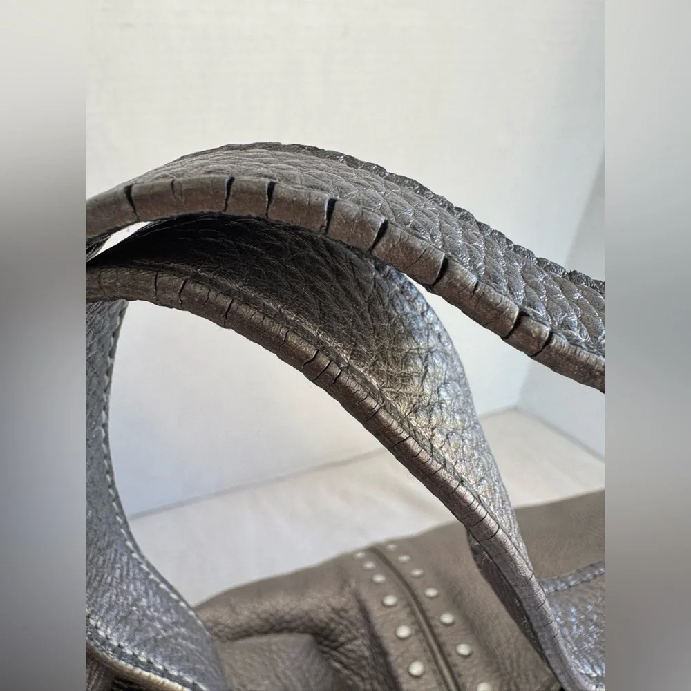Michael Kors Metallic Gray Leather Studded Chain Strap Satchel Shoulder Bag